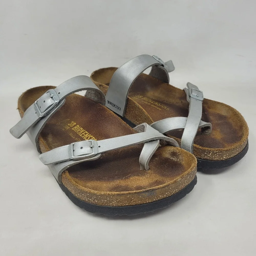 Birkenstock Mayari Sandals EU38 US7 Silver Birko Flor Slides Slip On Comfort